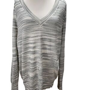 Moth by Anthropologie Gray Cream Striped V-Neck Knit Sweater Size L Lightweight